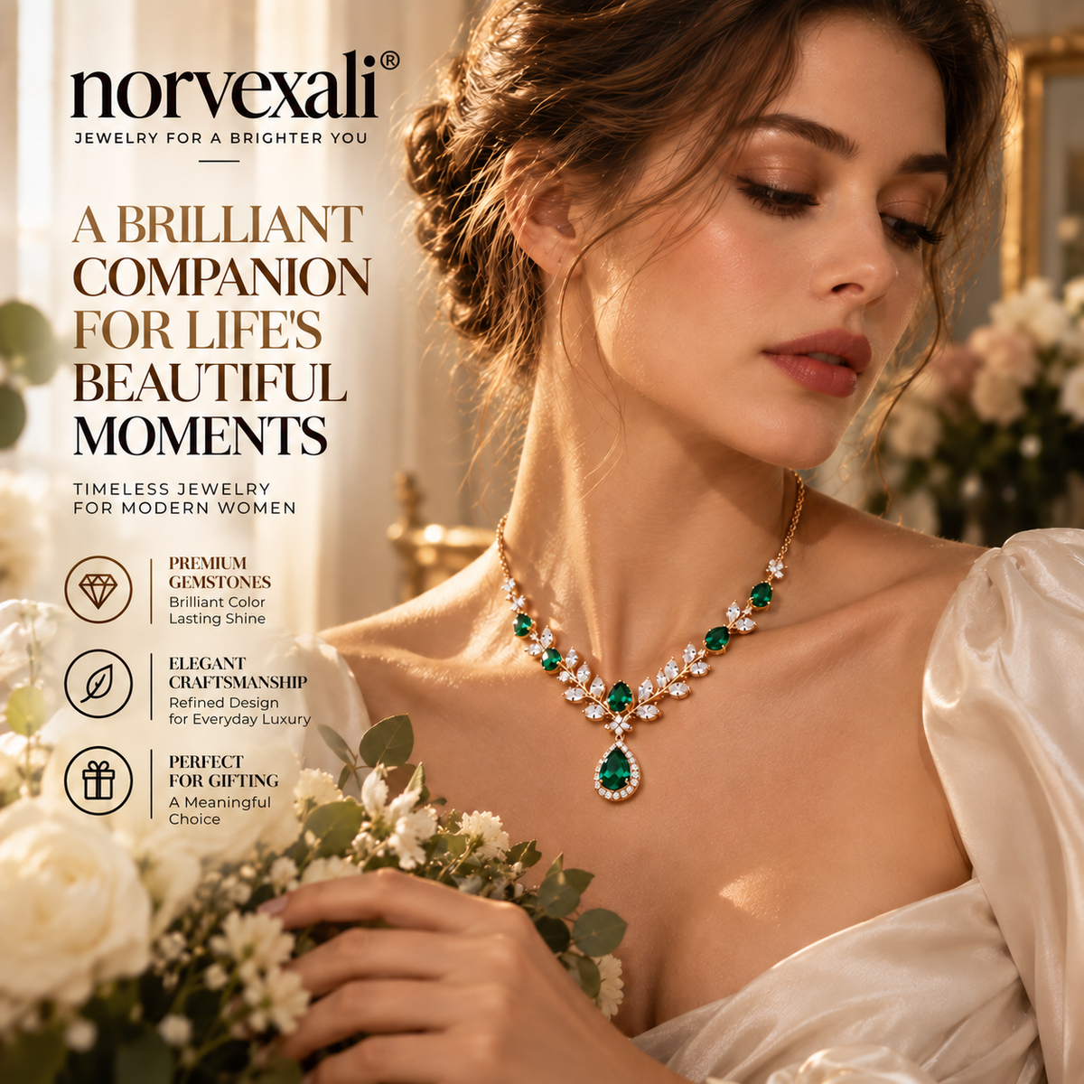 norvexali® Timeless Emerald Teardrop Gold Statement Necklace