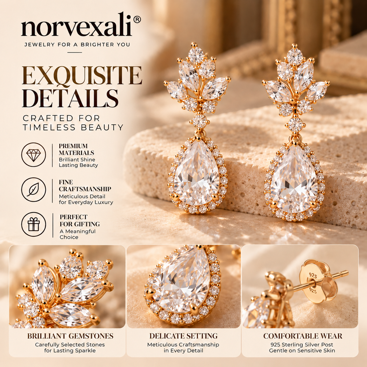 norvexali® Timeless Floral Teardrop Gold Drop Earrings