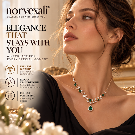 norvexali® Timeless Emerald Teardrop Gold Statement Necklace