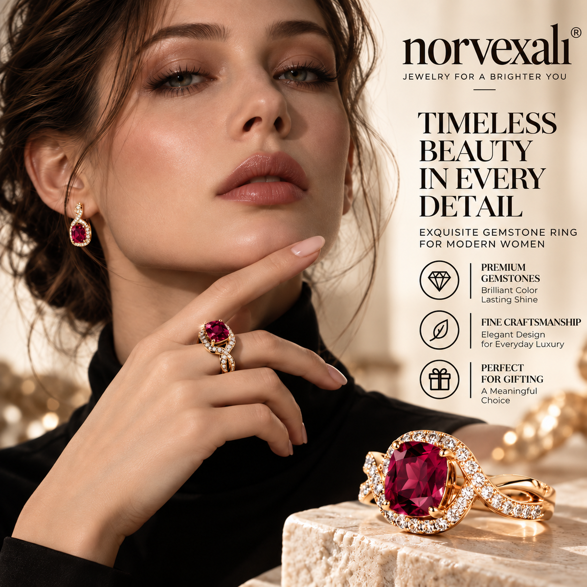 norvexali® Timeless Ruby Cushion Gold Statement Ring