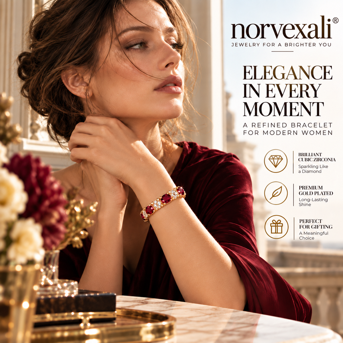 norvexali® Timeless Ruby Oval Gold Tennis Bracelet