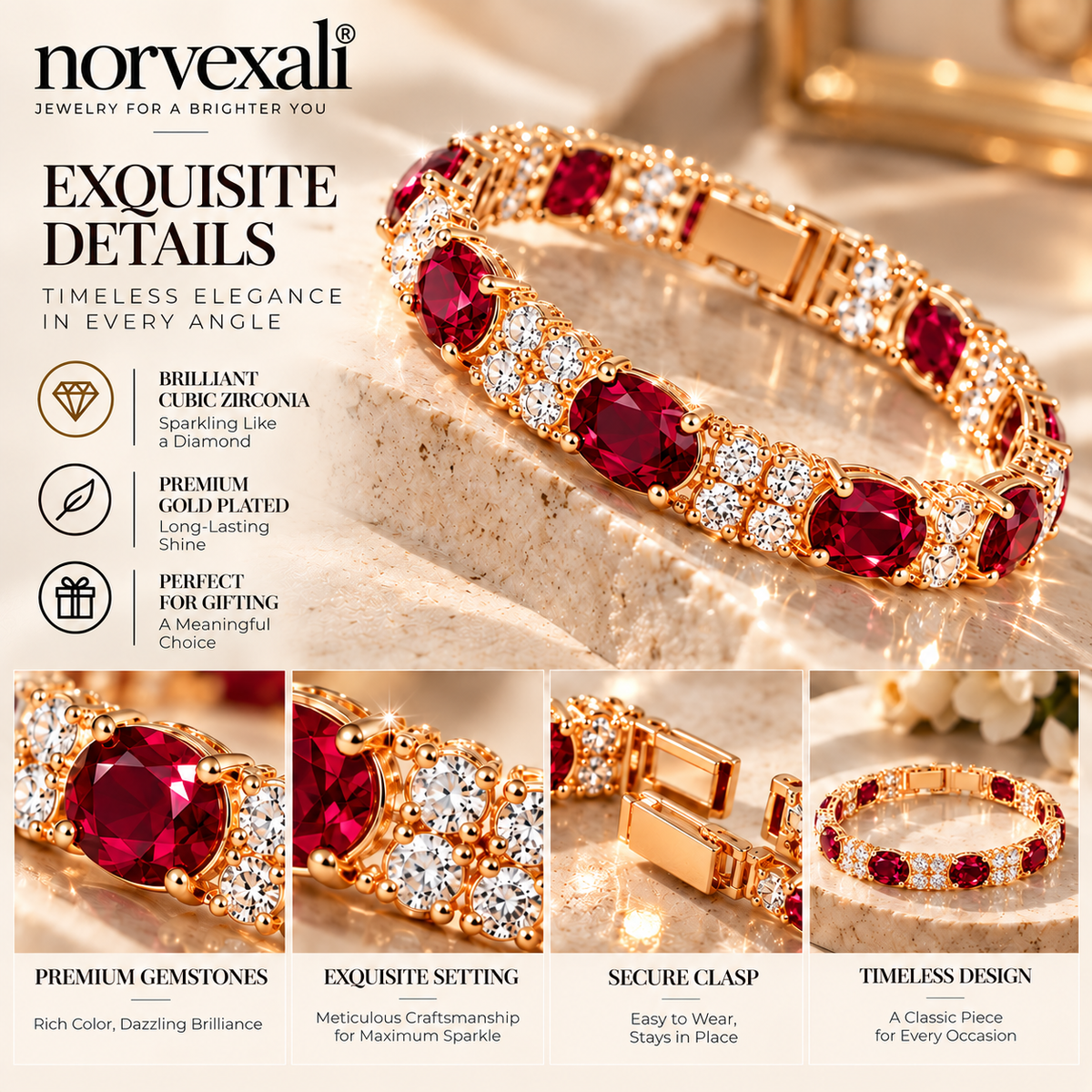 norvexali® Timeless Ruby Oval Gold Tennis Bracelet