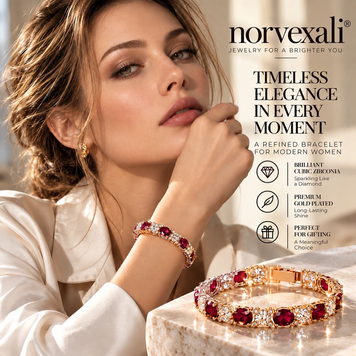 norvexali® Timeless Ruby Oval Gold Tennis Bracelet