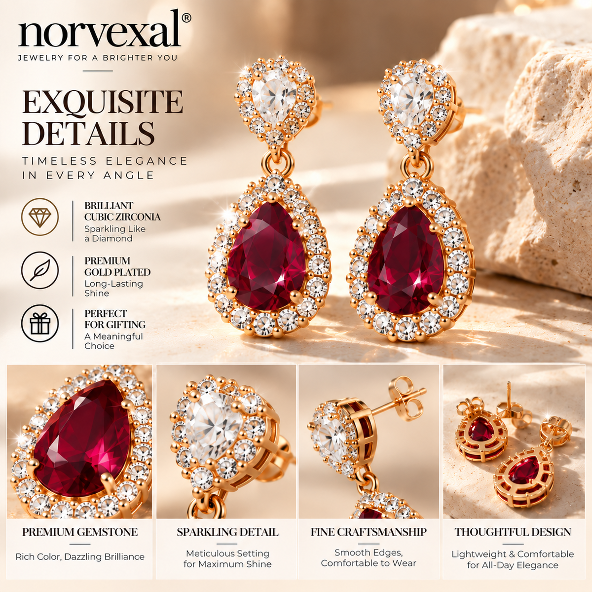 norvexali® Timeless Ruby Teardrop Gold Drop Earrings