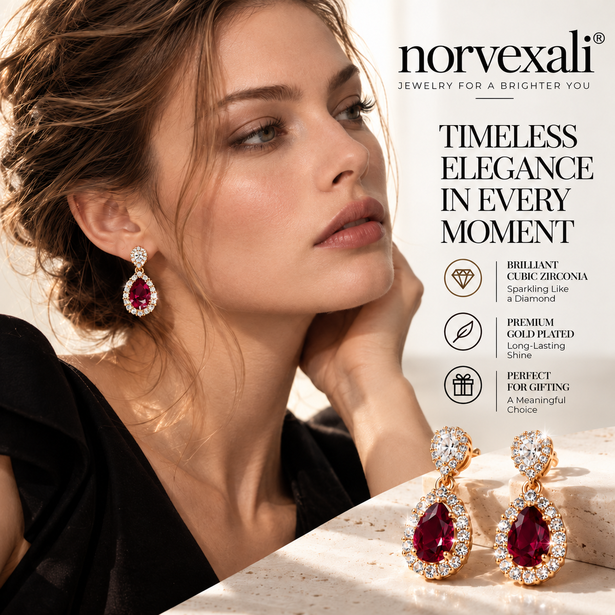 norvexali® Timeless Ruby Teardrop Gold Drop Earrings