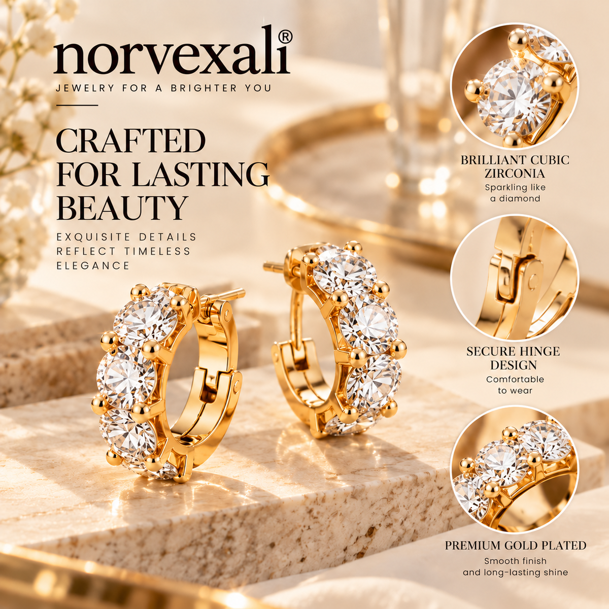 norvexali® Timeless Sparkle Gold Hoop Earrings
